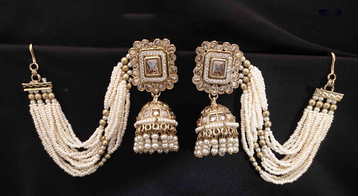 Gold Jhumka Ethnic Earrings with Pearl Beads Square Stones Layered Design Indian Traditional For Bridal Engagement