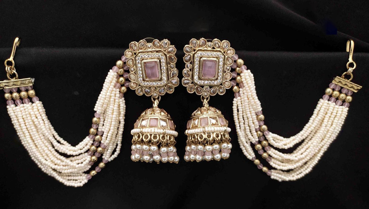 Gold Jhumka Ethnic Earrings with Pearl Beads Square Stones Layered Design Indian Traditional For Bridal Engagement