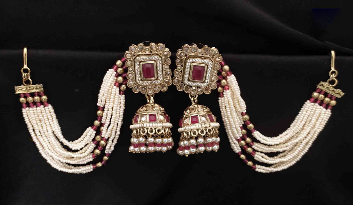 Gold Jhumka Ethnic Earrings with Pearl Beads Square Stones Layered Design Indian Traditional For Bridal Engagement