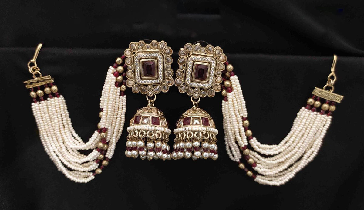 Gold Jhumka Ethnic Earrings with Pearl Beads Square Stones Layered Design Indian Traditional For Bridal Engagement