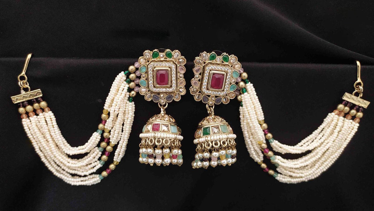 Gold Jhumka Ethnic Earrings with Pearl Beads Square Stones Layered Design Indian Traditional For Bridal Engagement