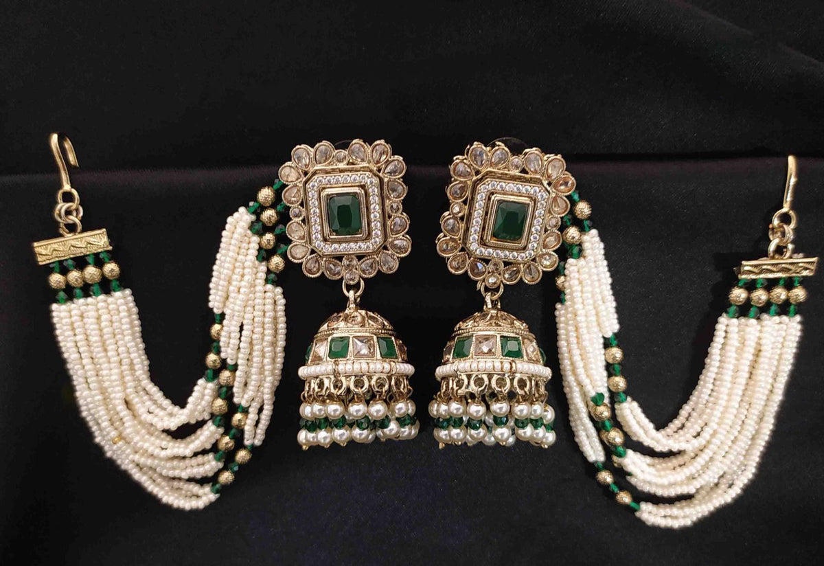 Gold Jhumka Ethnic Earrings with Pearl Beads Square Stones Layered Design Indian Traditional For Bridal Engagement