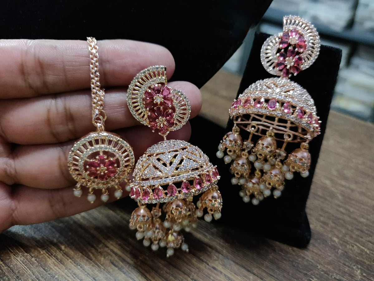 Dome Shaped Inspired American Diamond Earrings Indian Traditional Design For Enhancing Bridal Look