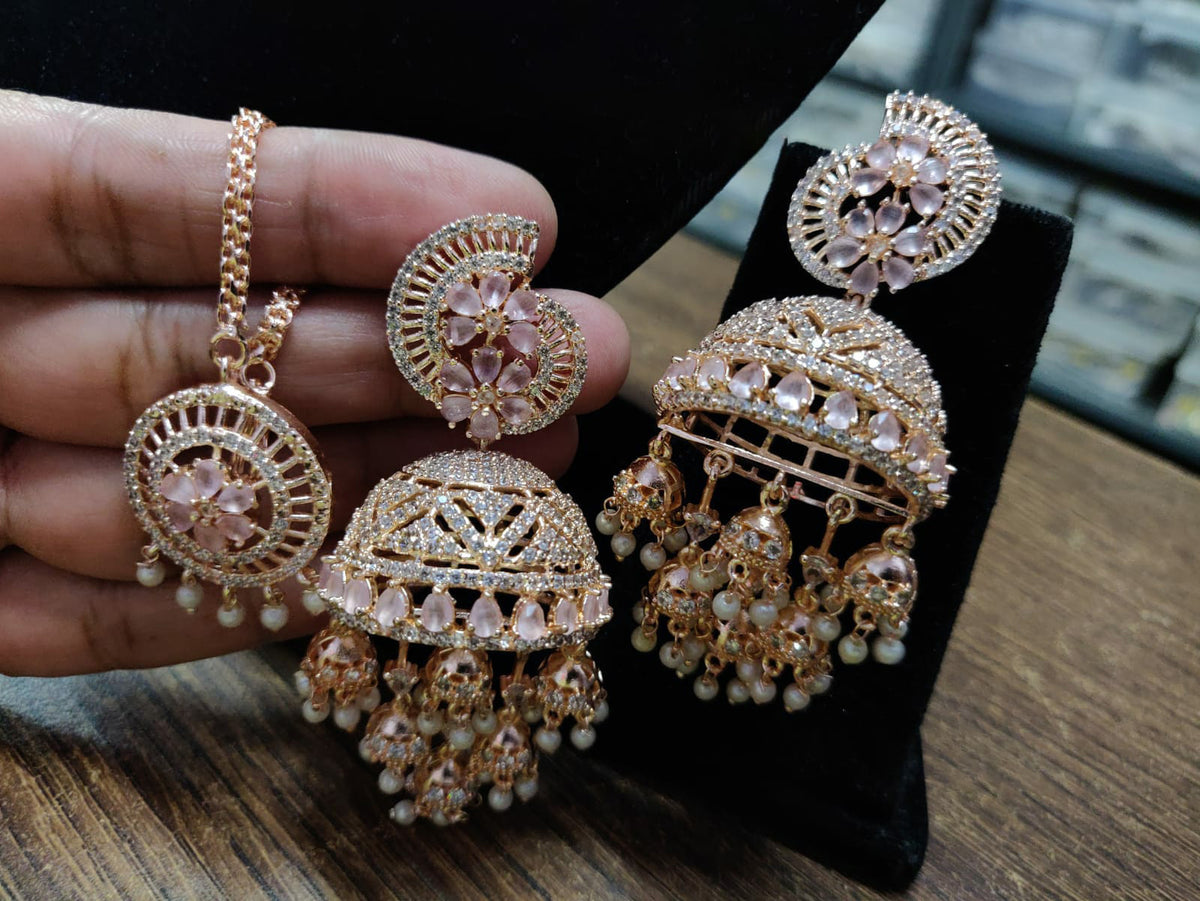 Dome Shaped Inspired American Diamond Earrings Indian Traditional Design For Enhancing Bridal Look