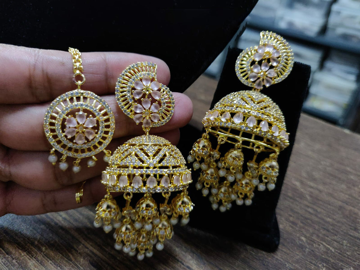 Dome Shaped Inspired American Diamond Earrings Indian Traditional Design For Enhancing Bridal Look