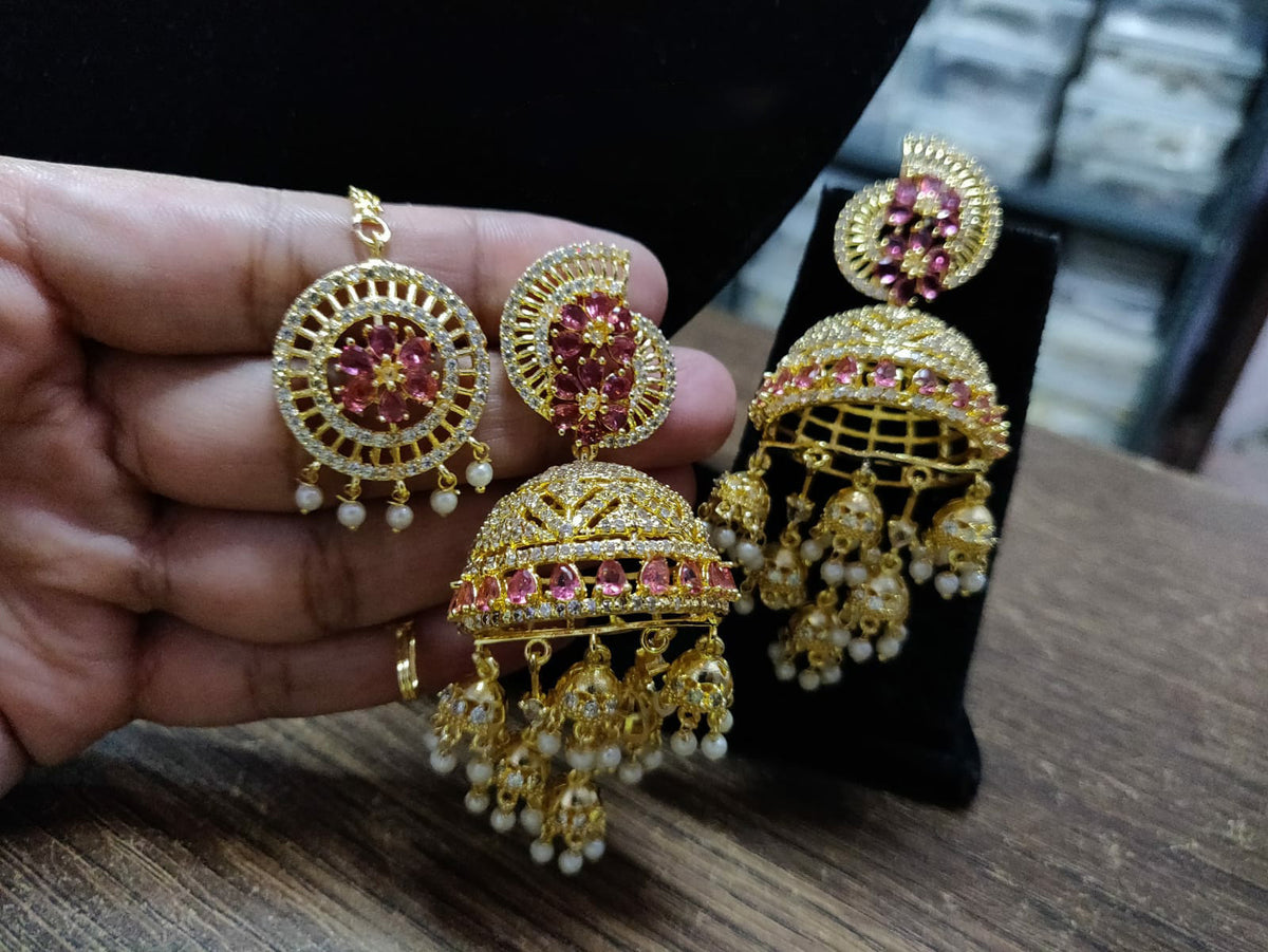 Dome Shaped Inspired American Diamond Earrings Indian Traditional Design For Enhancing Bridal Look