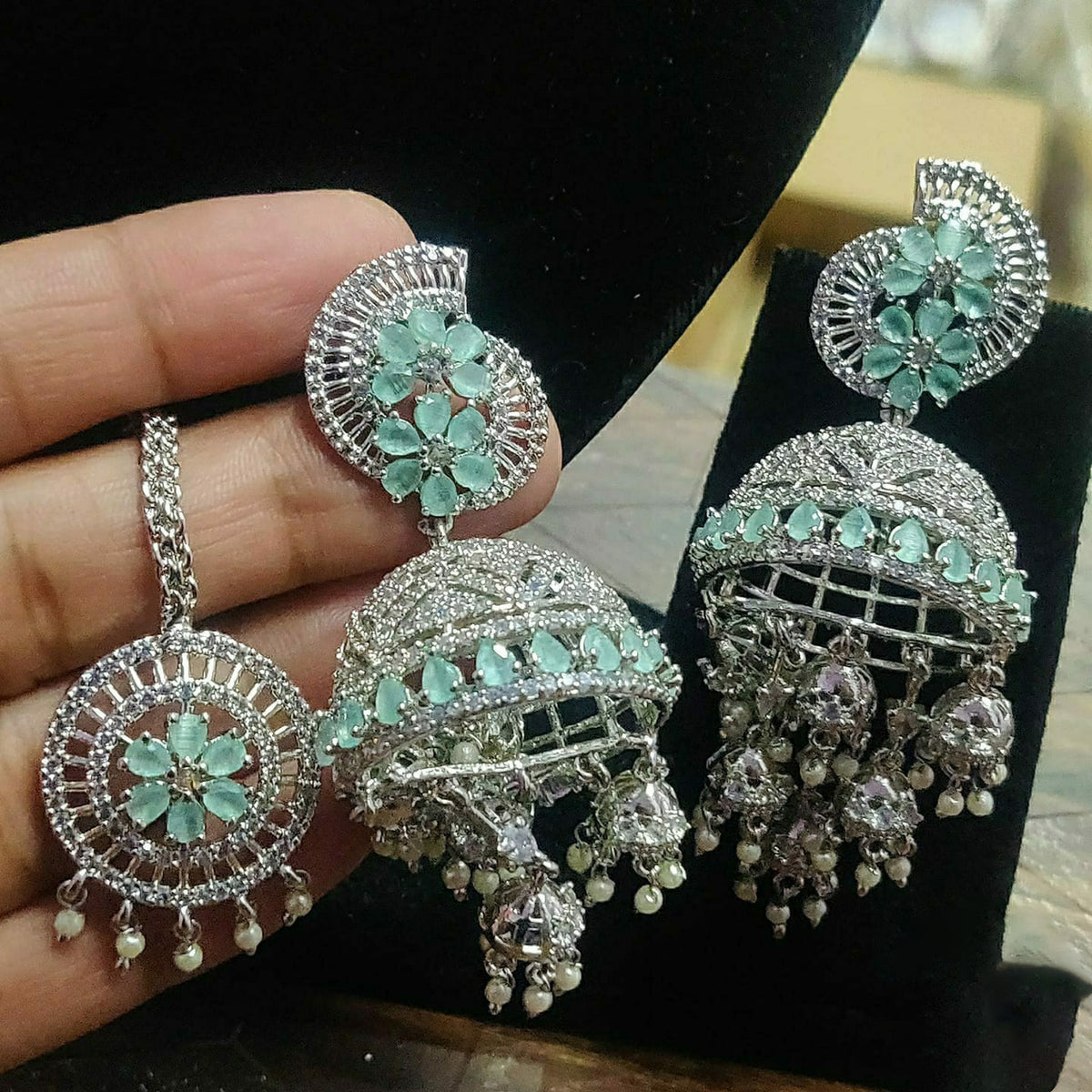 Dome Shaped Inspired American Diamond Earrings Indian Traditional Design For Enhancing Bridal Look