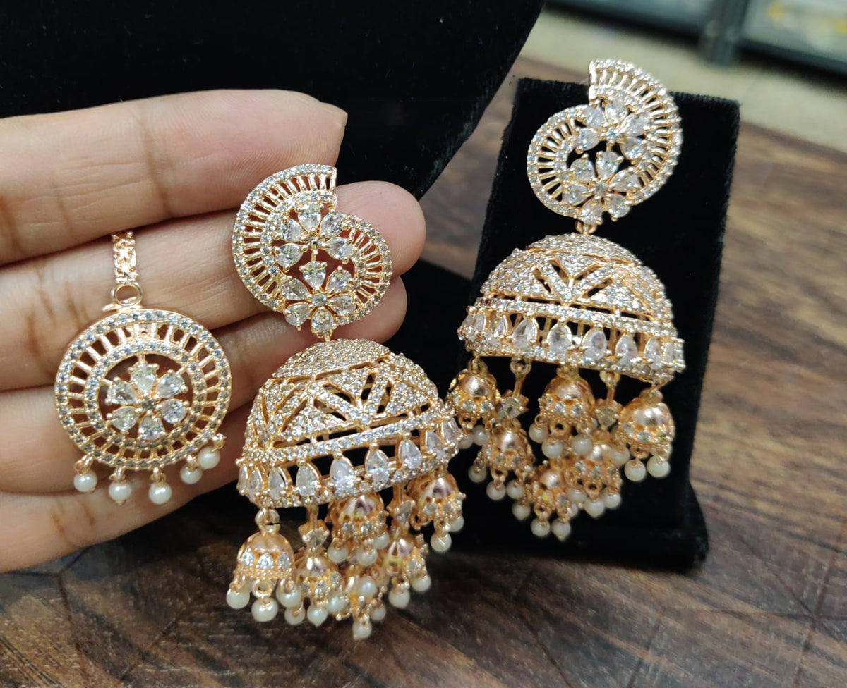 Dome Shaped Inspired American Diamond Earrings Indian Traditional Design For Enhancing Bridal Look