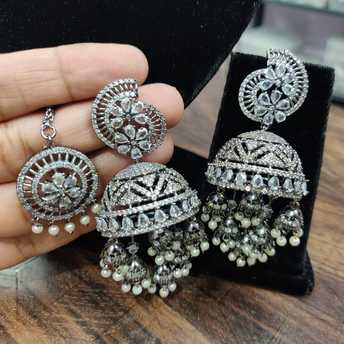 Dome Shaped Inspired American Diamond Earrings Indian Traditional Design For Enhancing Bridal Look