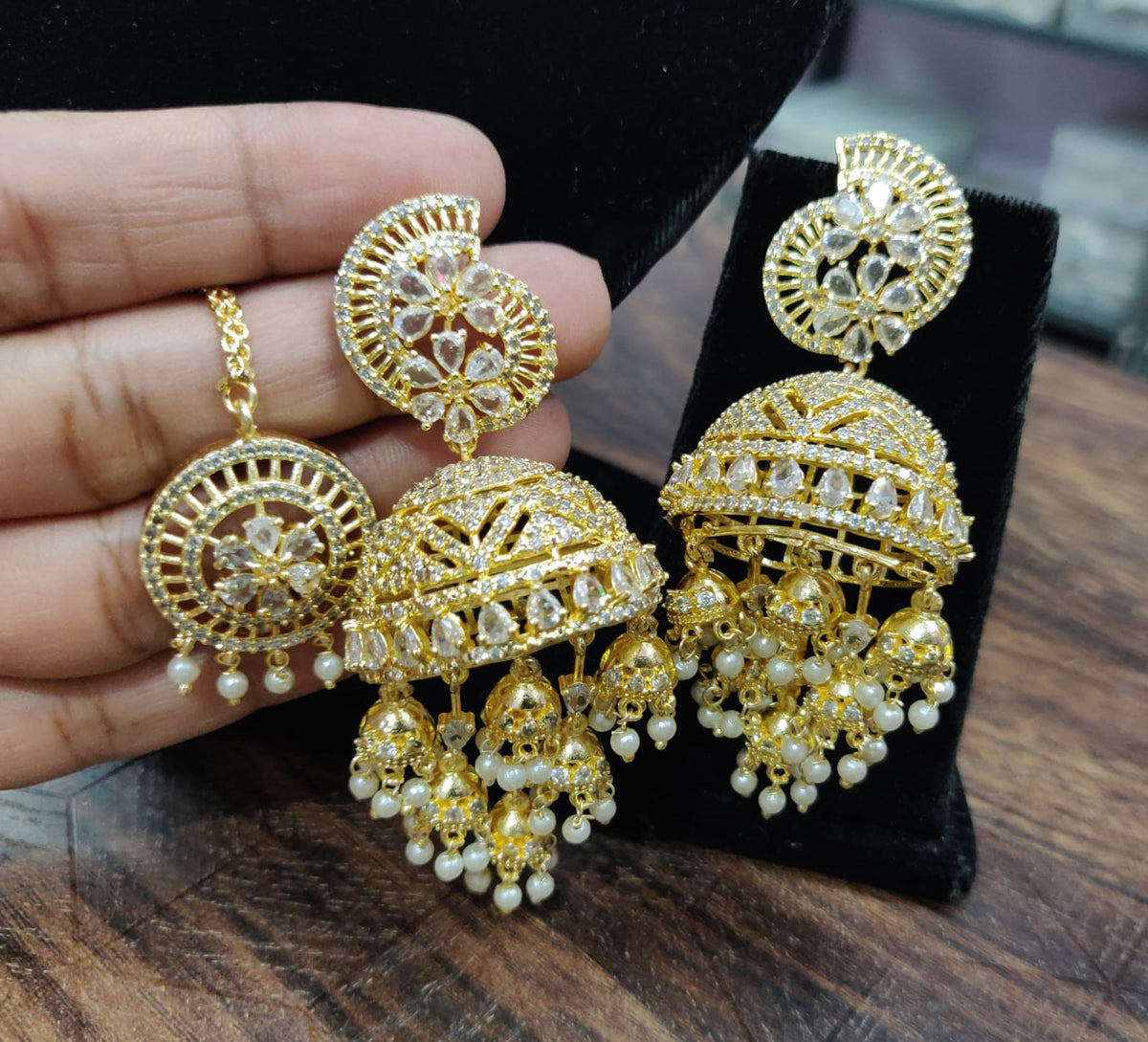 Dome Shaped Inspired American Diamond Earrings Indian Traditional Design For Enhancing Bridal Look