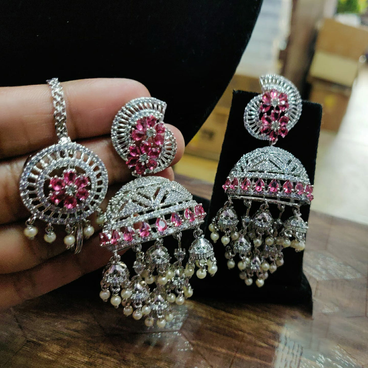 Dome Shaped Inspired American Diamond Earrings Indian Traditional Design For Enhancing Bridal Look