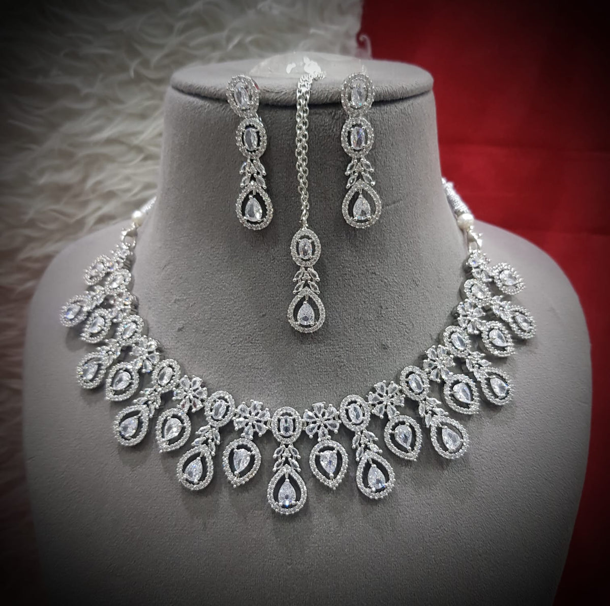 Teardrop American Diamond Pear Shape Inspired Necklace Earrings Set With Maang Tika design elements Look Luxurious