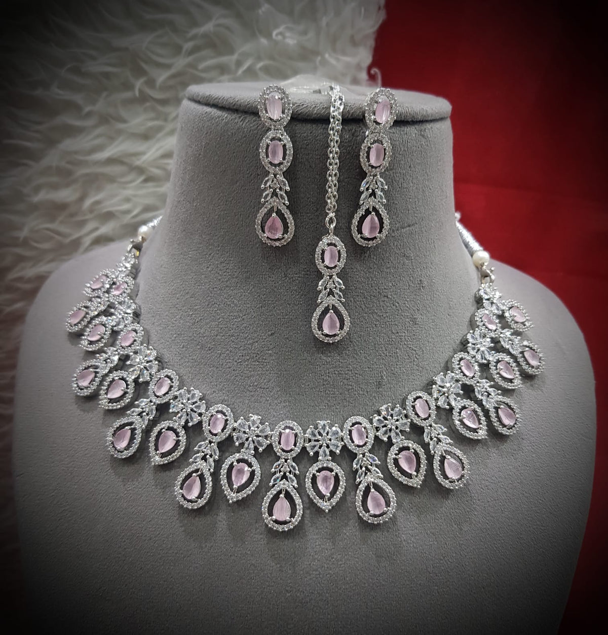 Teardrop American Diamond Pear Shape Inspired Necklace Earrings Set With Maang Tika design elements Look Luxurious