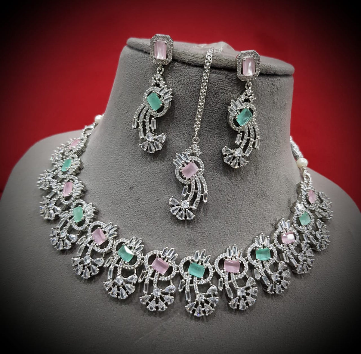 Indian Pastel Necklace Earrings Maang Tikka Set Bridal Jewelry Floral Ethnic Wedding Traditional Chic Fashion Elements.&nbsp;