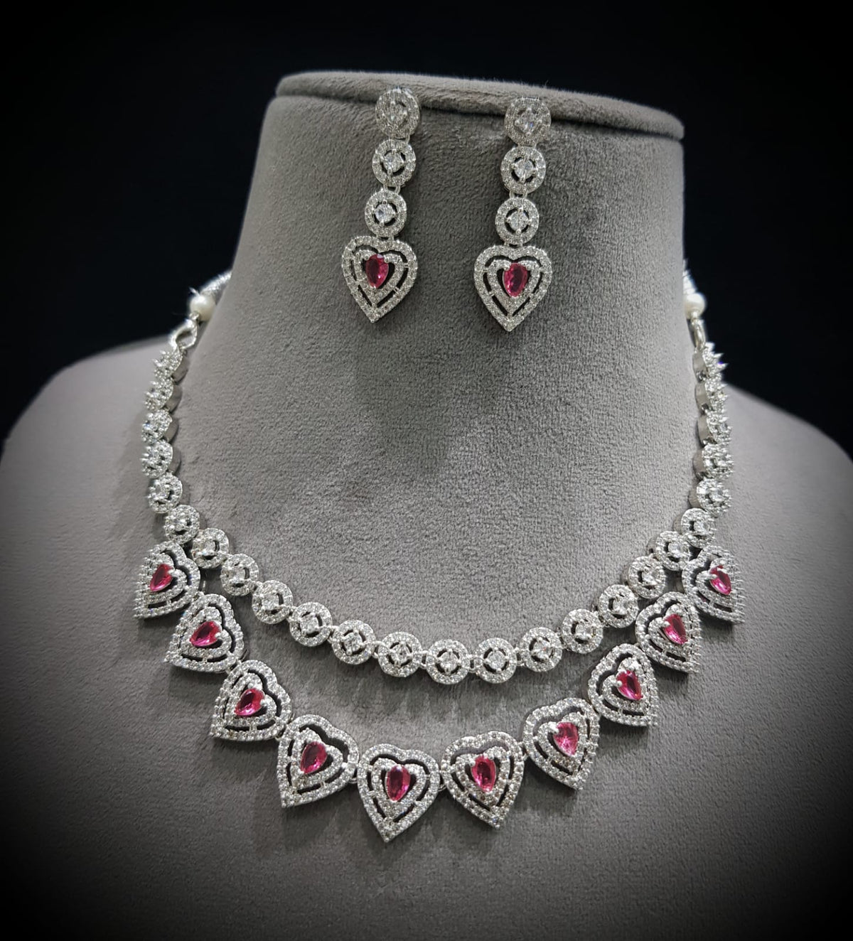 Heart Shape Inspired Necklace Earrings Set Looking Adorned With AD And Enhancing Women Look