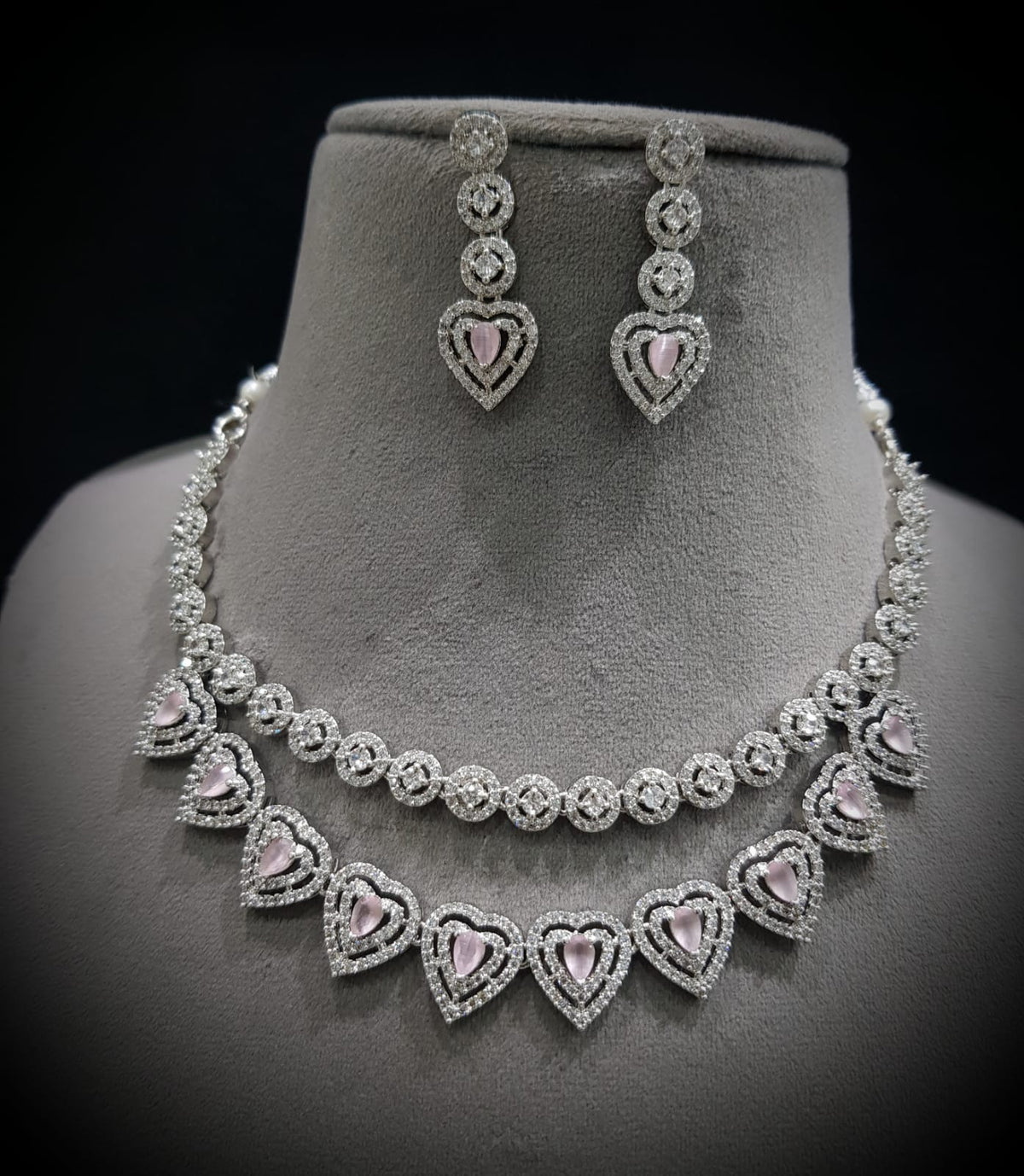 Heart Shape Inspired Necklace Earrings Set Looking Adorned With AD And Enhancing Women Look