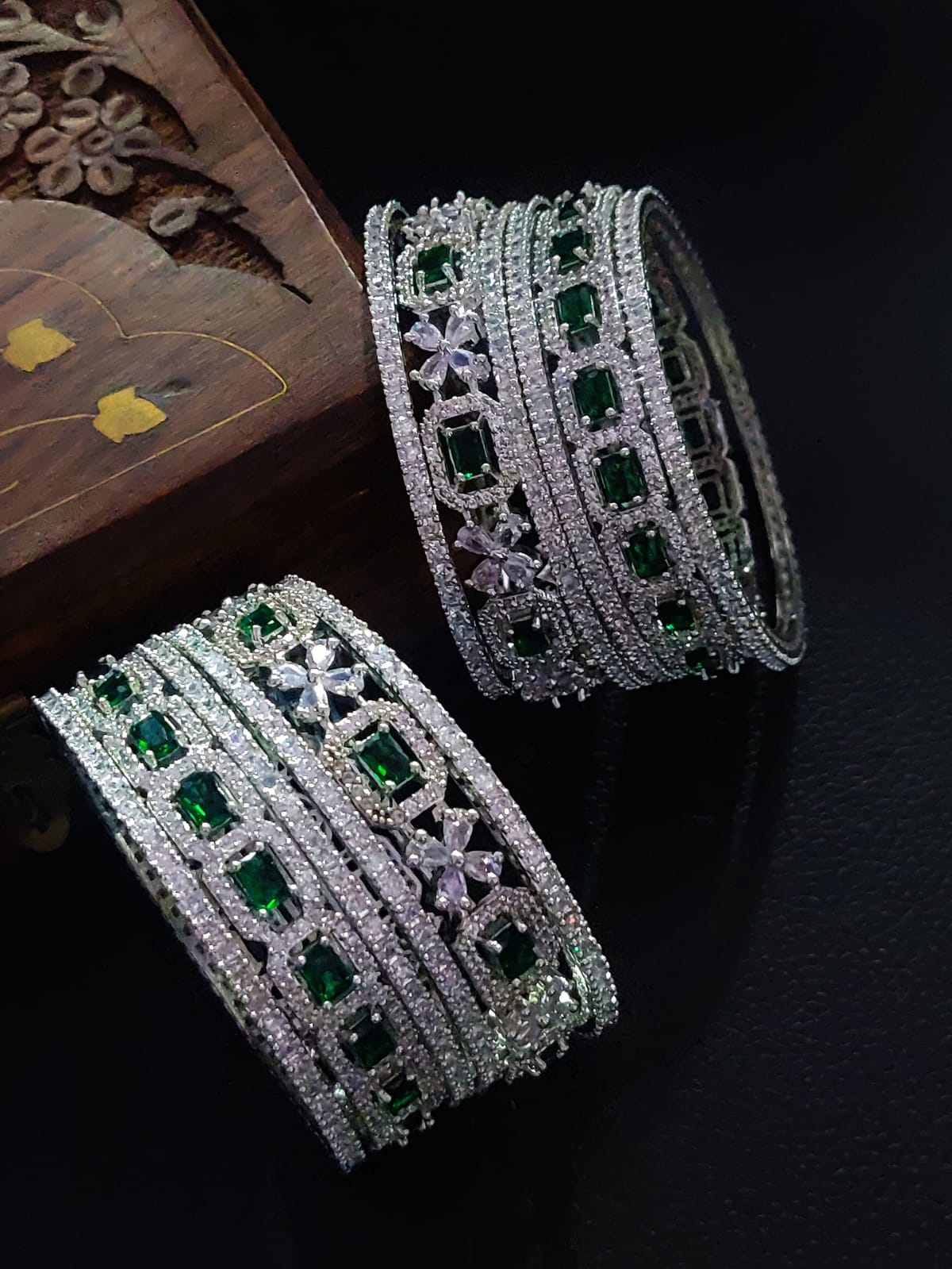 American Diamond Bangle Set Geometric Patterns And Floral Motifs Makes Luxurious Eye Catching Effect For Bridal