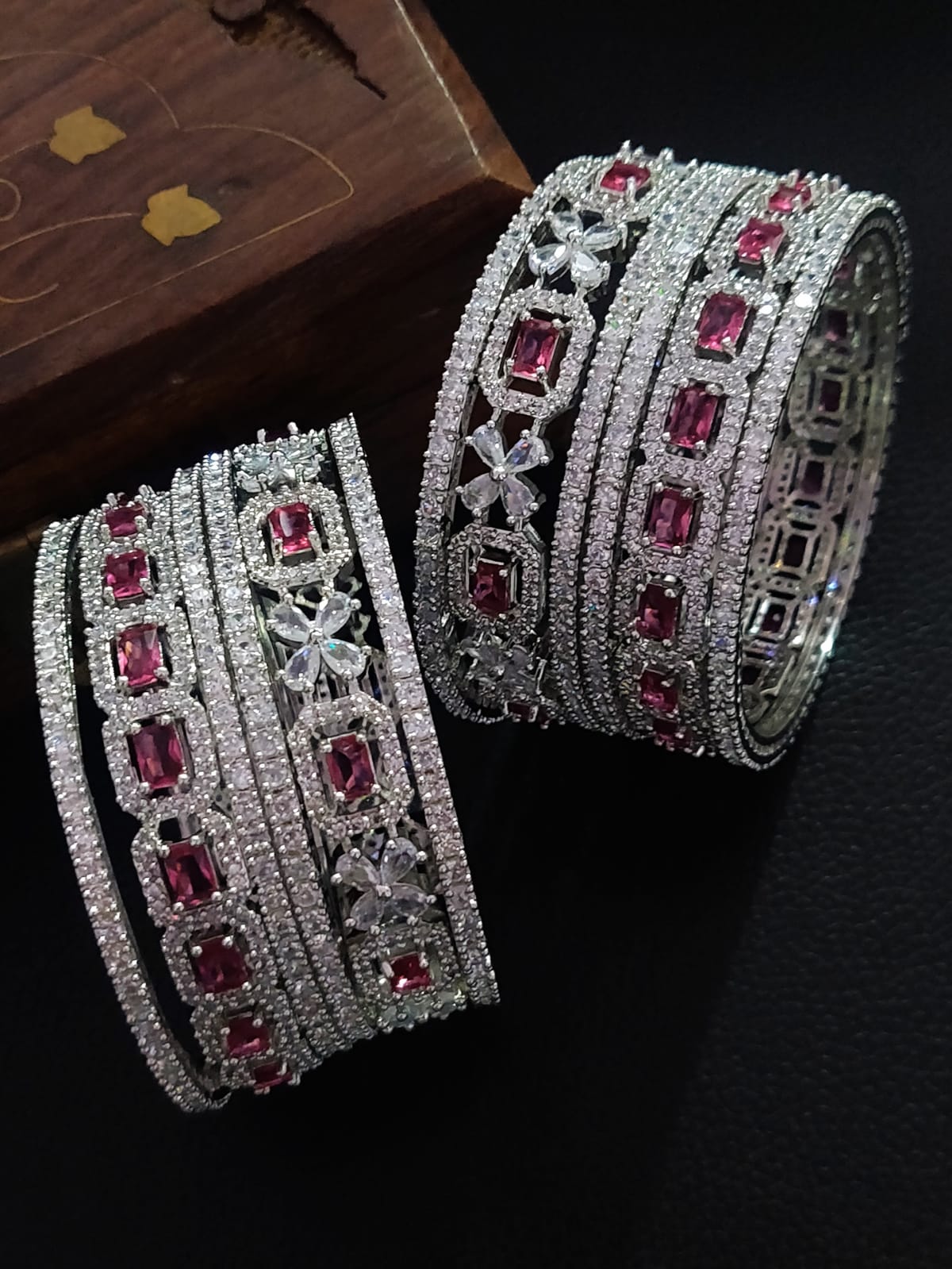 American Diamond Bangle Set Geometric Patterns And Floral Motifs Makes Luxurious Eye Catching Effect For Bridal