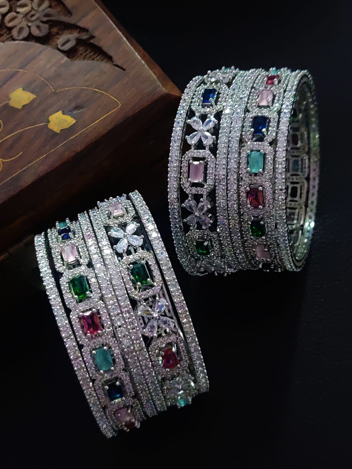 American Diamond Bangle Set Geometric Patterns And Floral Motifs Makes Luxurious Eye Catching Effect For Bridal