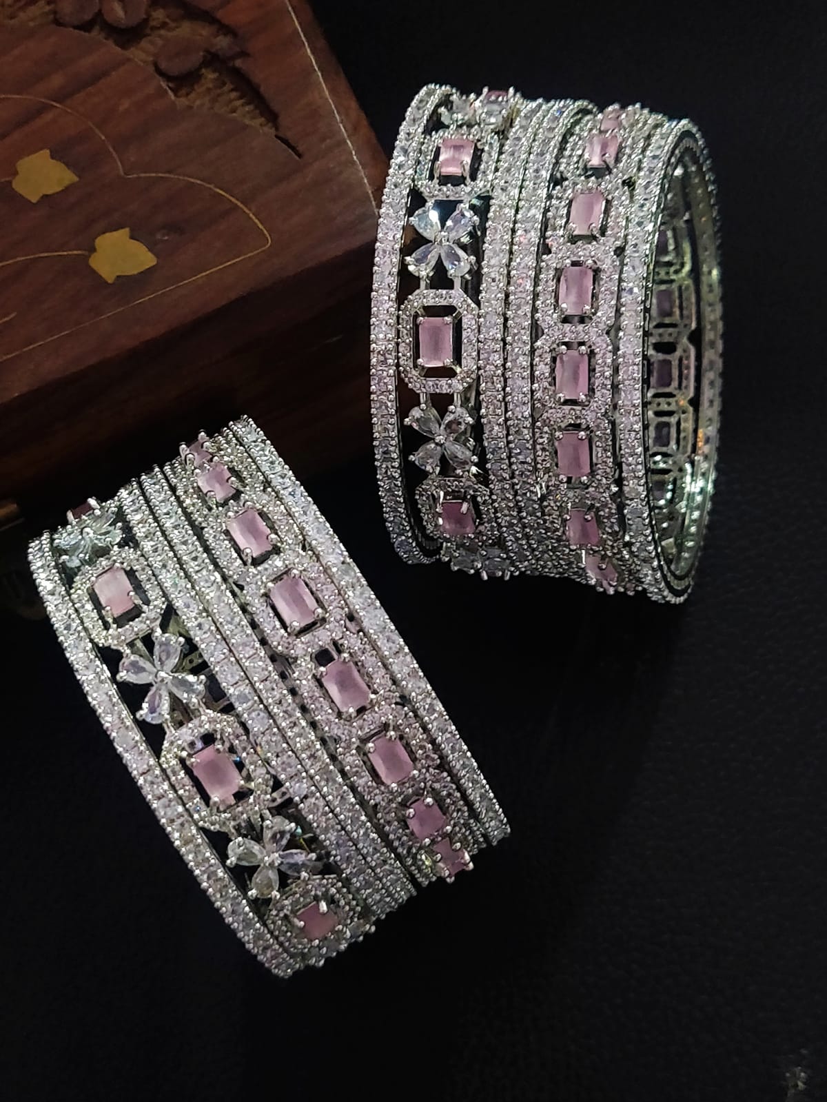 American Diamond Bangle Set Geometric Patterns And Floral Motifs Makes Luxurious Eye Catching Effect For Bridal