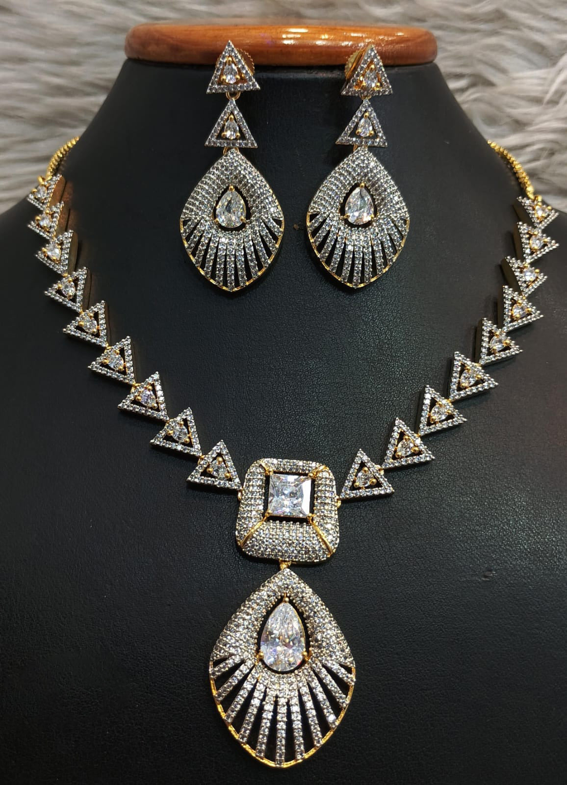 Geometric Triangular Design Necklace Earrings Set Sparkling Stones Teardrop Pendant For Classic And Modern Occasions