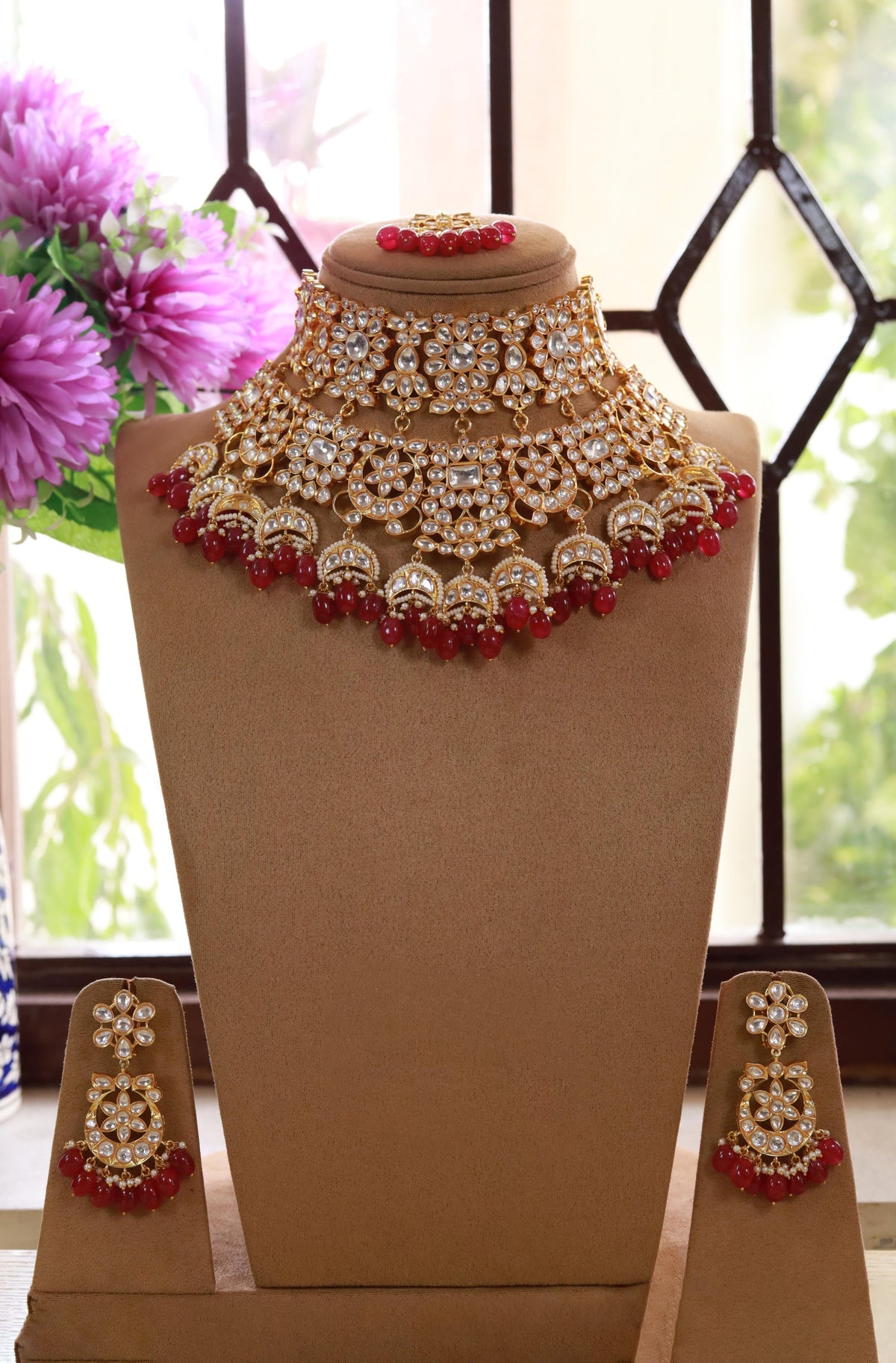 Golden Red American Diamond Necklace Earrings Maangtika Set Inspired Indian Craftmanship