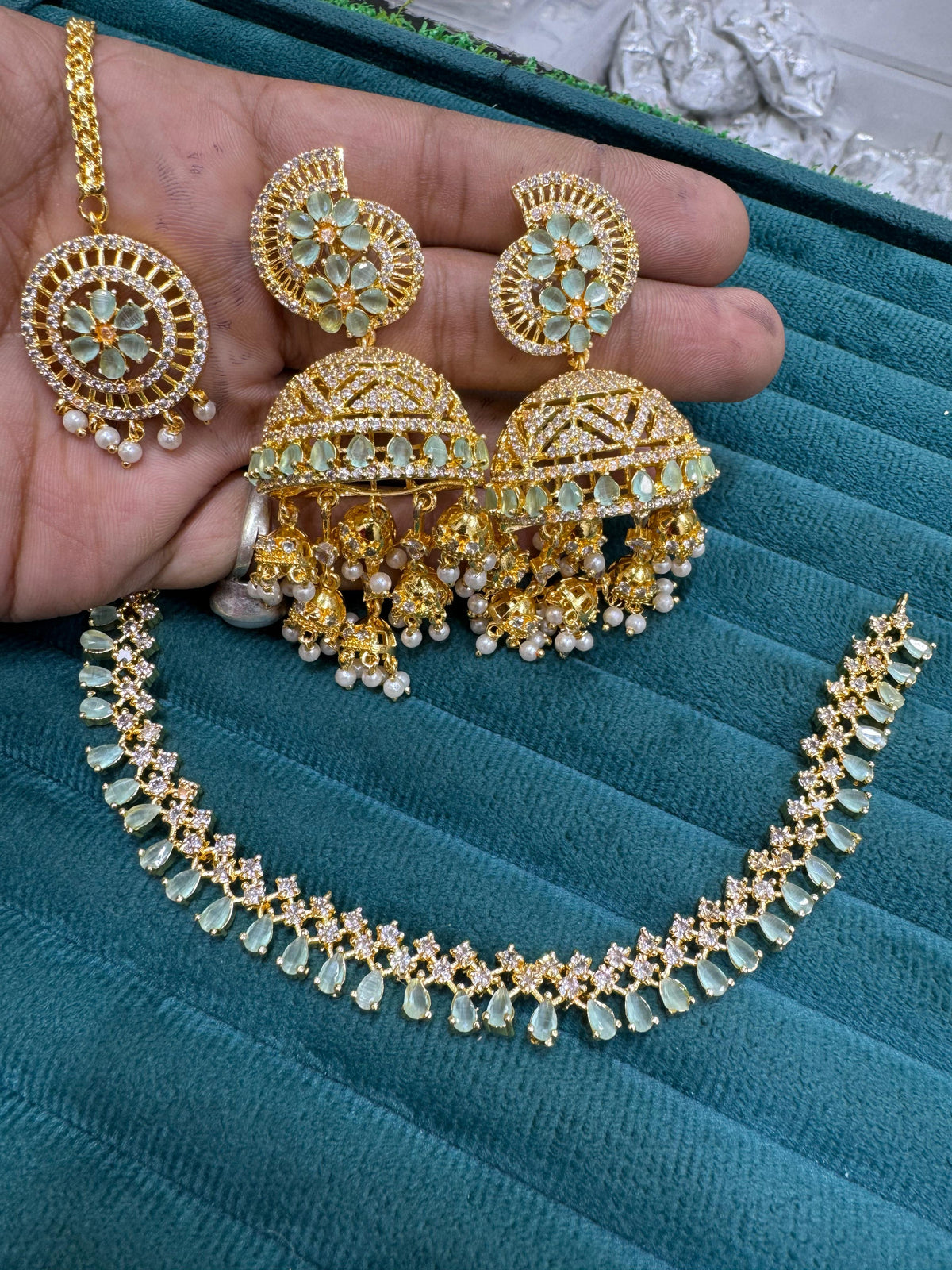 Indian Necklace Jhumka Maangtika Set Pearls Bridal Jewelry Weddings Perfction