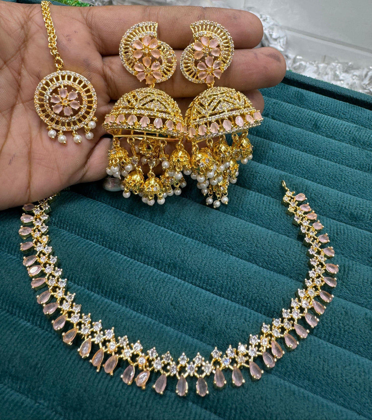 Indian Necklace Jhumka Maangtika Set Pearls Bridal Jewelry Weddings Perfction