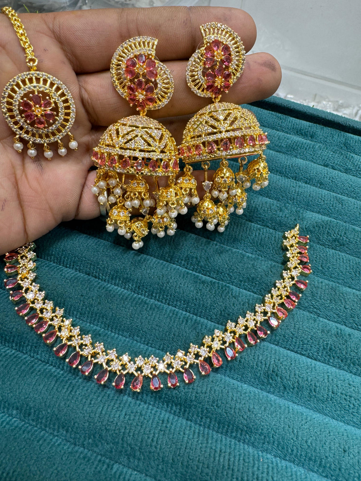 Indian Necklace Jhumka Maangtika Set Pearls Bridal Jewelry Weddings Perfction