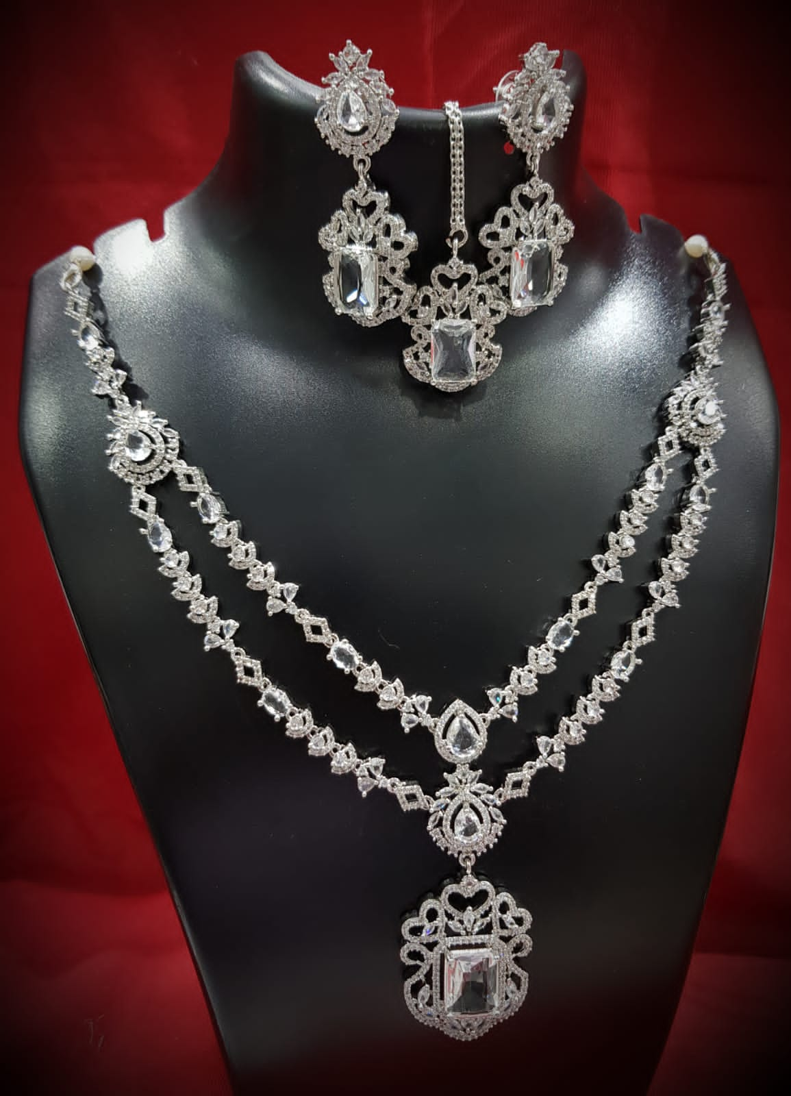 Modern Elegance American Diamond Necklace Pearl Earrings Maangtika Bollywood Model Inspired