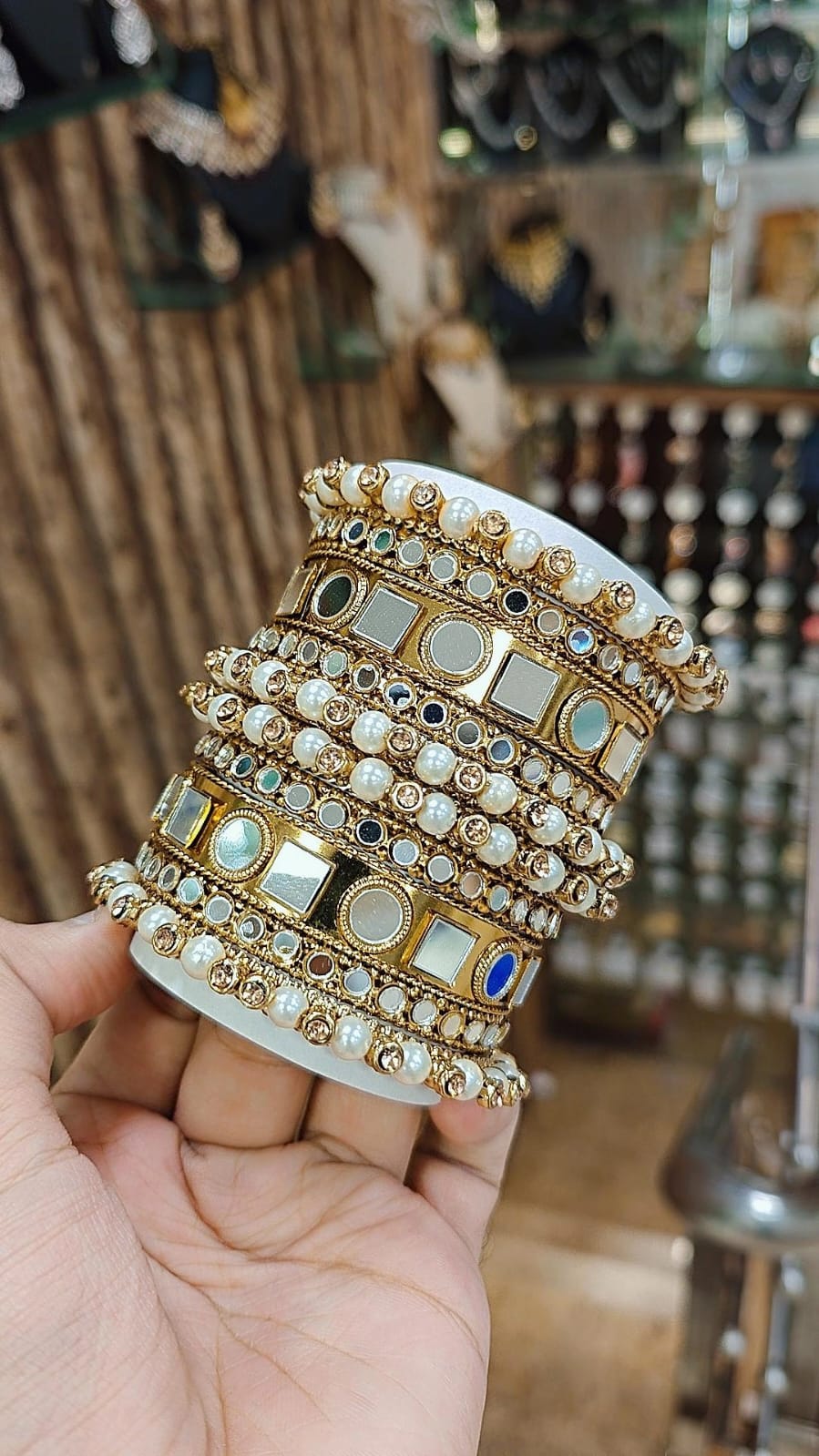 Gold Plated Bridal Bangles Pearls Mirror Work Stones Jewelry Set