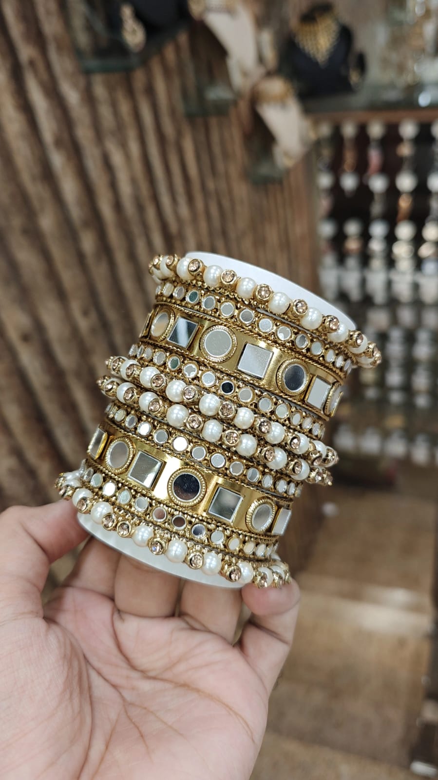 Gold Plated Bridal Bangles Pearls Mirror Work Stones Jewelry Set