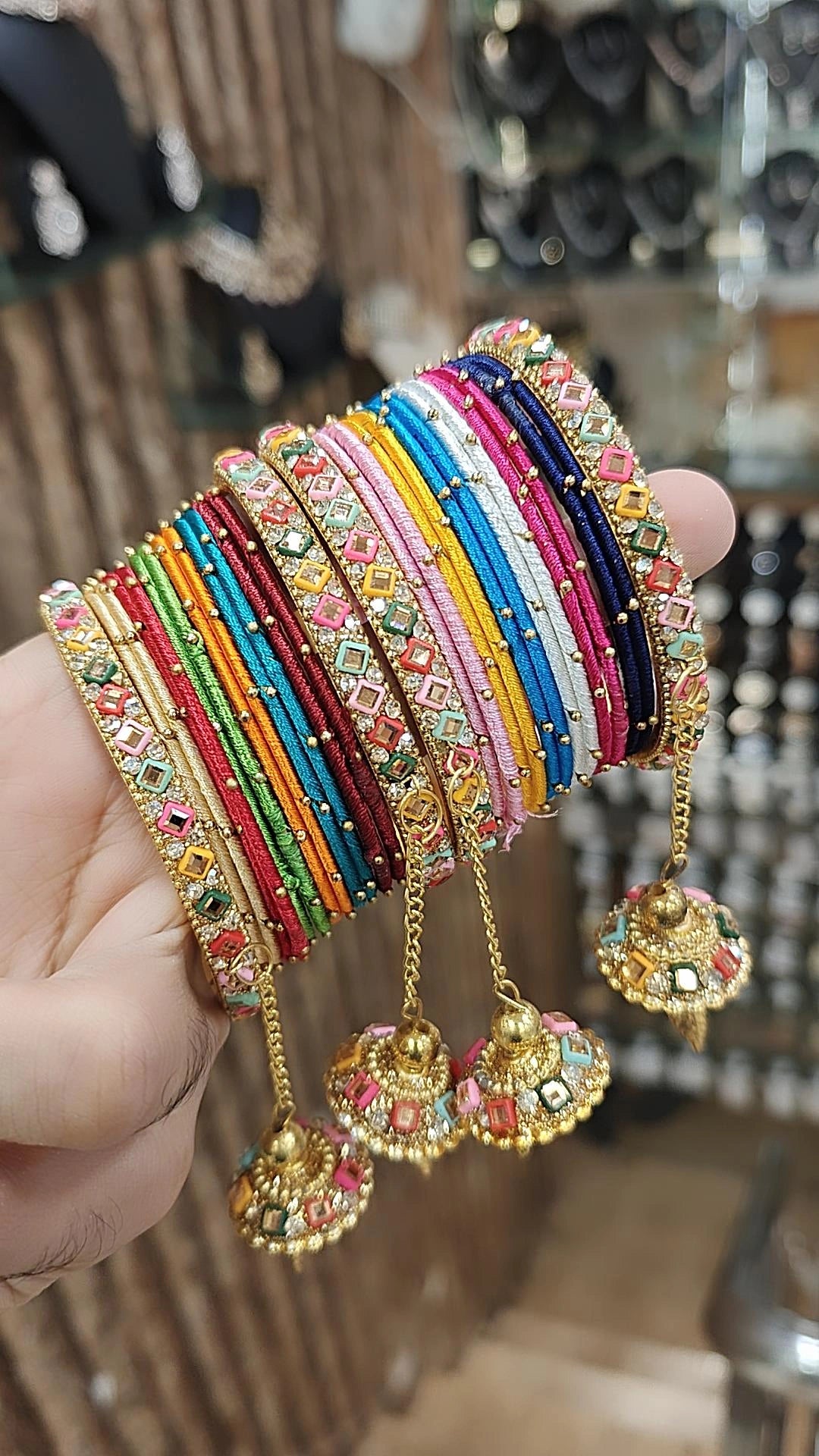 Multicolor Thread Indian Bangles Bollywood Inspired Gold Tassels Stone Work