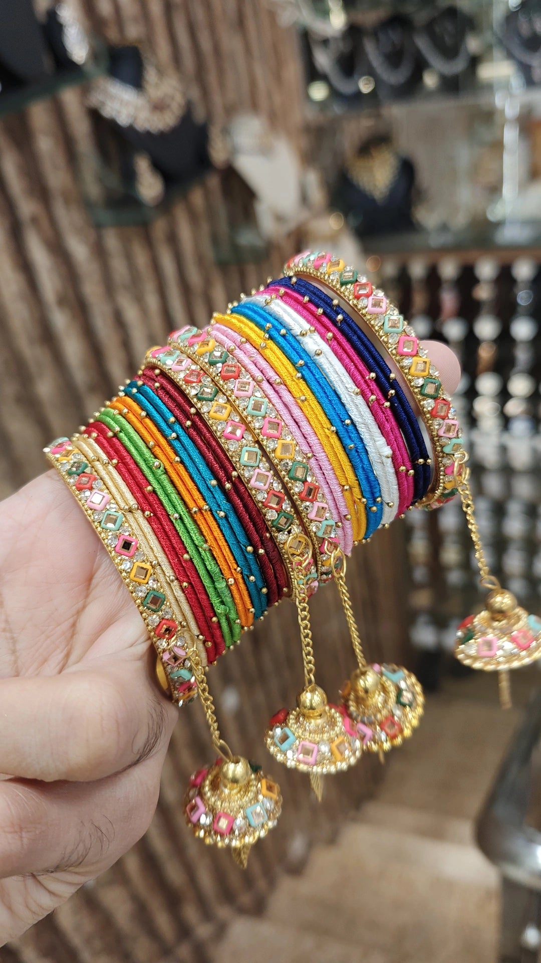 Multicolor Thread Indian Bangles Bollywood Inspired Gold Tassels Stone Work