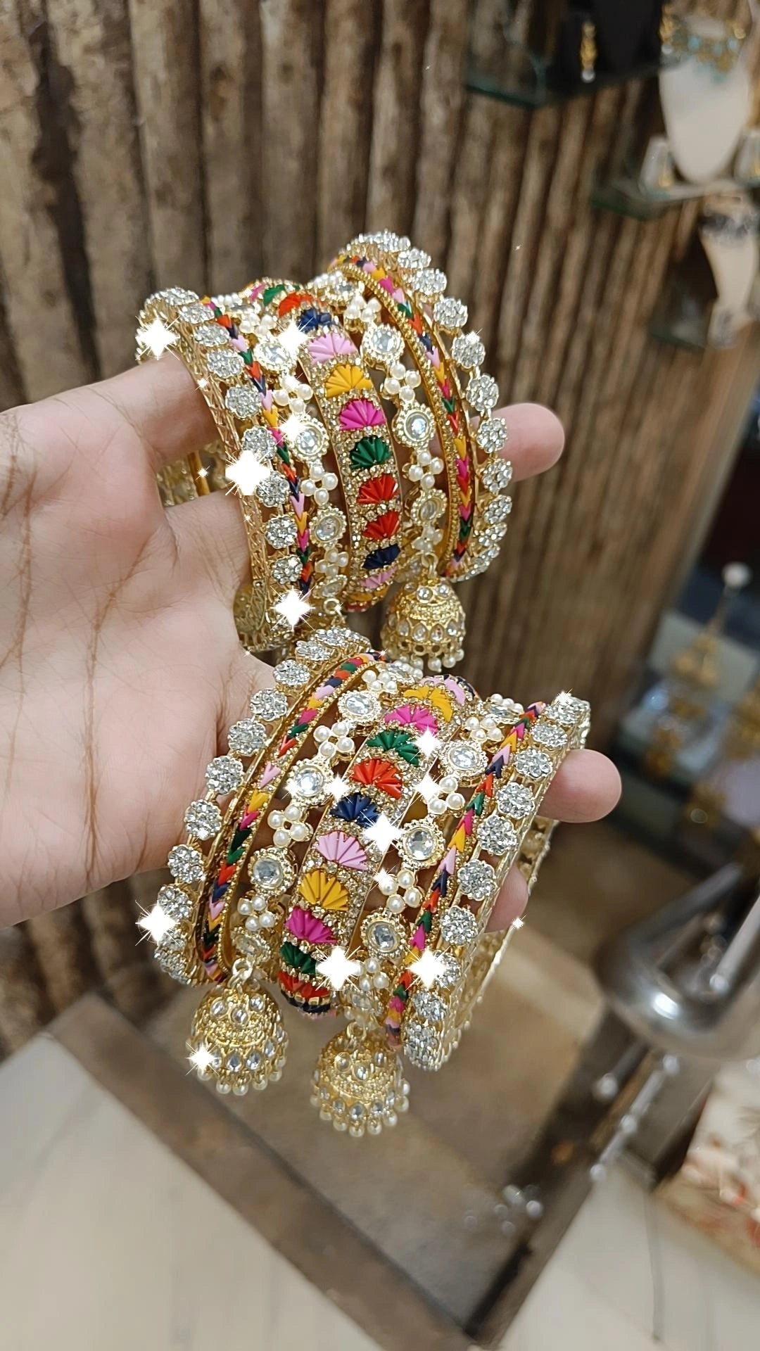 Pearl Crystal Bridal Bangles with Enamel Jhumka Details Bridal Jewelry