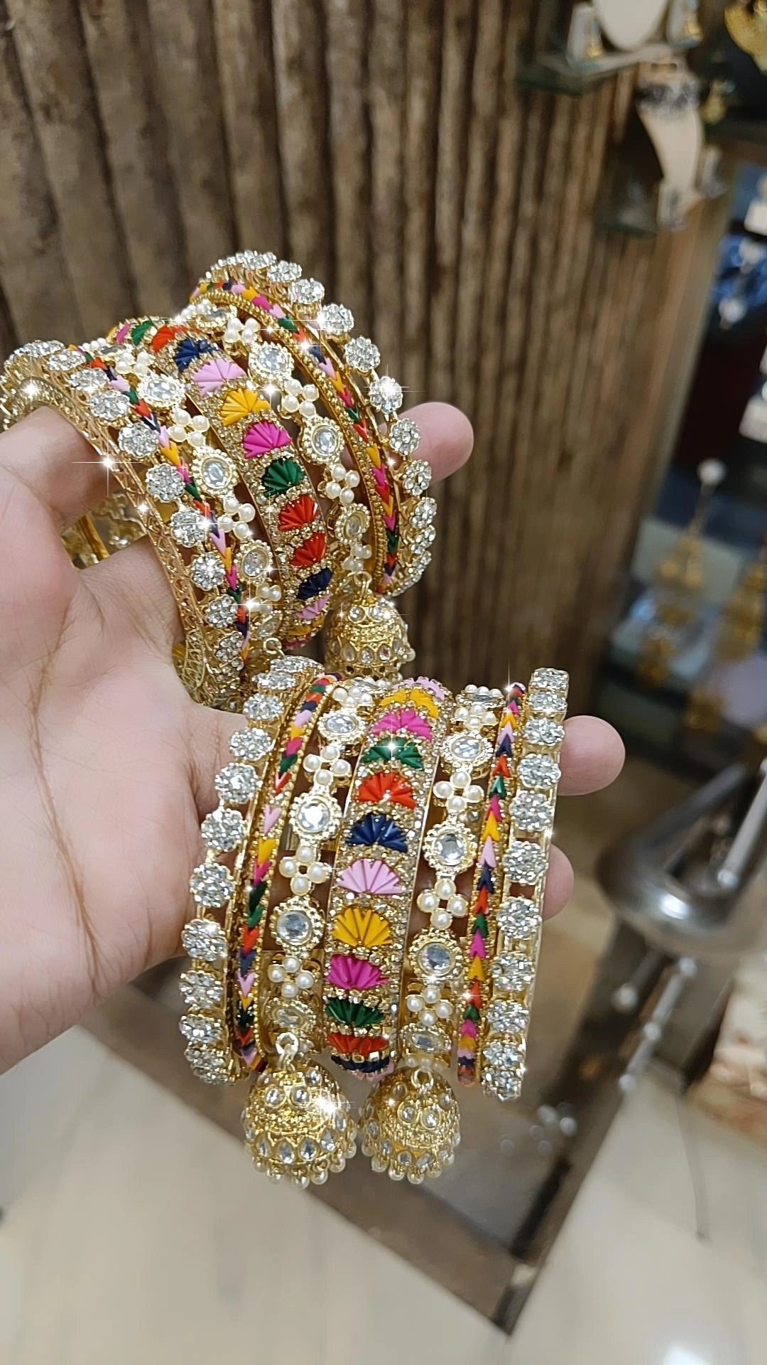 Pearl Crystal Bridal Bangles with Enamel Jhumka Details Bridal Jewelry