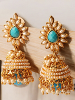 Pearl and Stone Designer Gold Plated Multicolour Drop Jhumka Earring Set