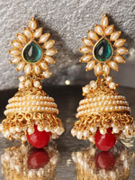 Pearl and Stone Designer Gold Plated Multicolour Drop Jhumka Earring Set