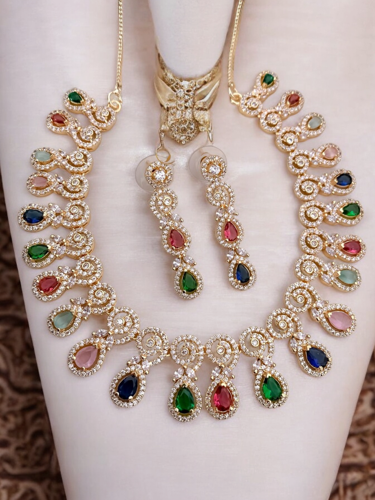 Bollywood Inspired Gold Plated CZ Necklace Earrings Set, AD Nacklace, AD Earrings, Cz Jewelry Set, Bridal AD Jewellery, Weddings Jewelry