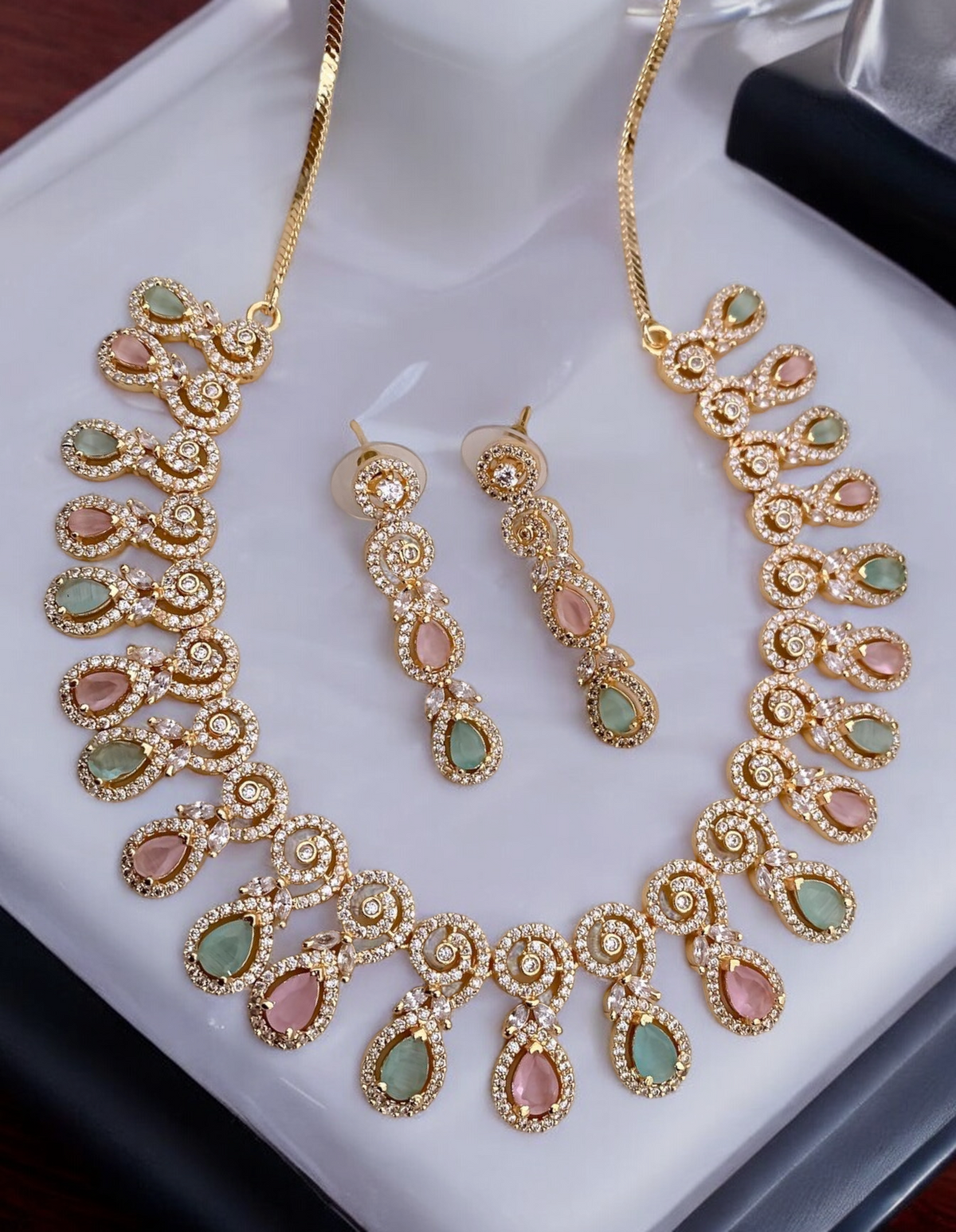 Bollywood Inspired Gold Plated CZ Necklace Earrings Set, AD Nacklace, AD Earrings, Cz Jewelry Set, Bridal AD Jewellery, Weddings Jewelry