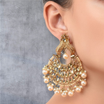 Gold Plated Pearl Chandbali Earrings Set, Indian Gold Chandbali, Gold Earring, Bridal Jewellery Set, Wedding Earrings