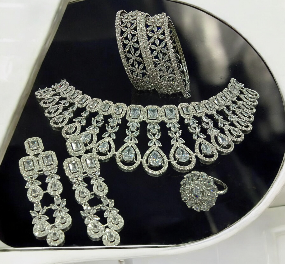 American Diamond CZ Jewelry Indian Necklace Earrings Ring Bangle Set, Cz Earrings, CZ necklace, AD Ring, AD Bangle, Bridal Jewelry Full Set, AD Necklace Set, Wedding AD CZ Jewellery Set