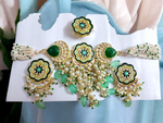 Green Meenakari Pearl Bridal Necklace Earring Ring Set, jaipuri jewellery, long necklace earring set, Indian jewellery