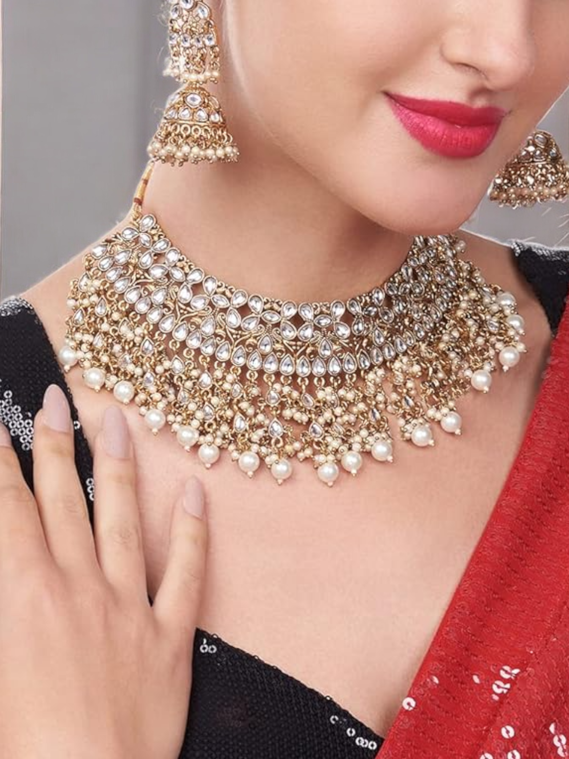 Gold Tone Kundan Pearls Bridal Choker Necklace Set, Choker Set, Wedding Choker Earring Set, Bridal Necklace Earring Set, Wedding Jewelry, Bollywood jewelry Set, Pakistani bridal Jewelry Set, Pearl Jewelry