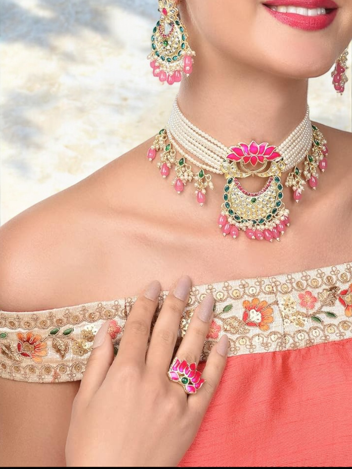 Pink Lotus Pearls Necklace Earring Ring Set, Meenakari Jewelry Set, Lotus Neckalce Earring, bridal Necklace, Wedding Earring, Bollywood Jewellery Set, Pakistani Necklace Earrings