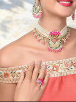 Pink Lotus Pearls Necklace Earring Ring Set, Meenakari Jewelry Set, Lotus Neckalce Earring, bridal Necklace, Wedding Earring
