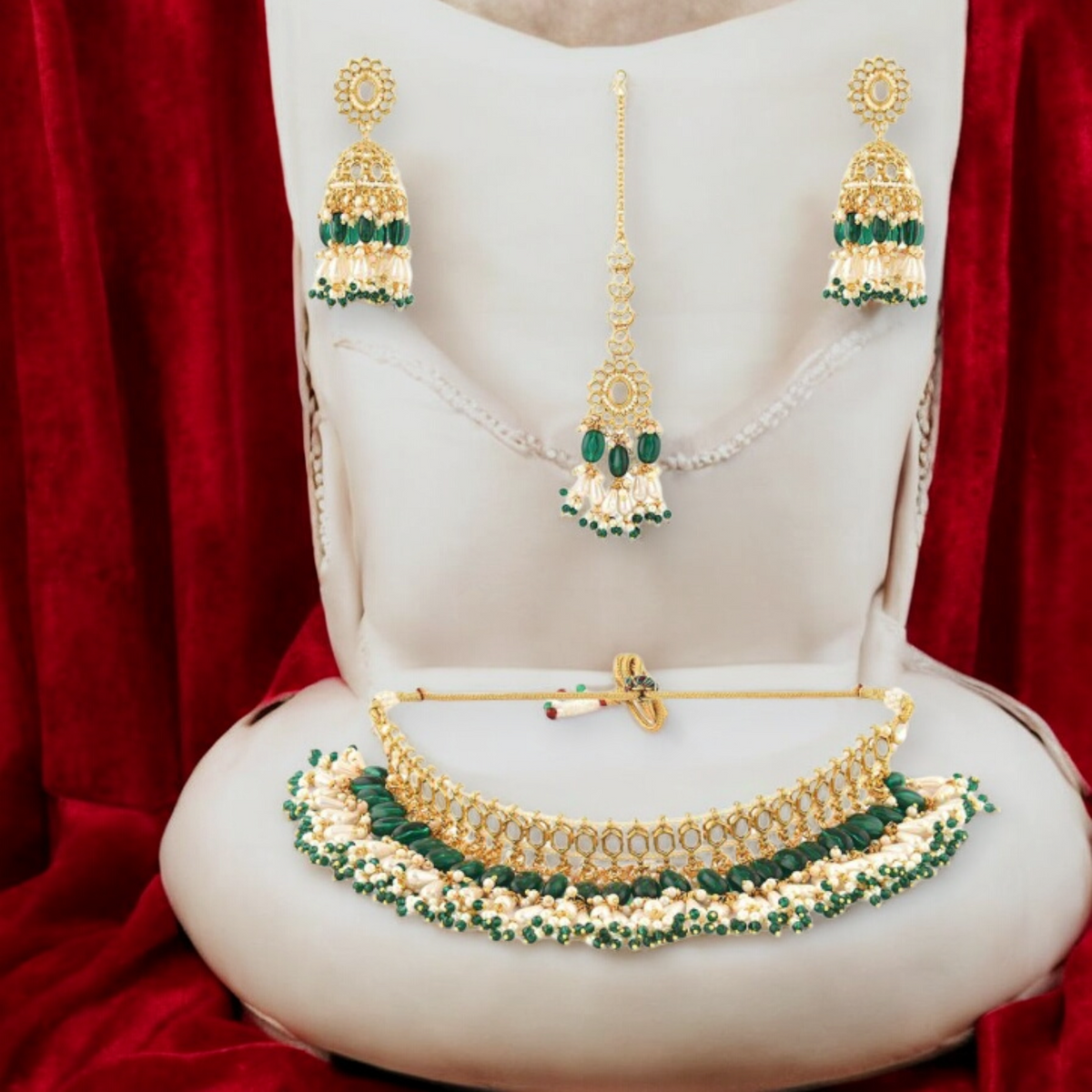 Indian Pearl Kundan Choker Jhumkas Maantika Set, Gold Plated Jewelry, Mangtika Set, choker jhumka set, Bridal Necklace mangtika set, Pakistani jewellery set