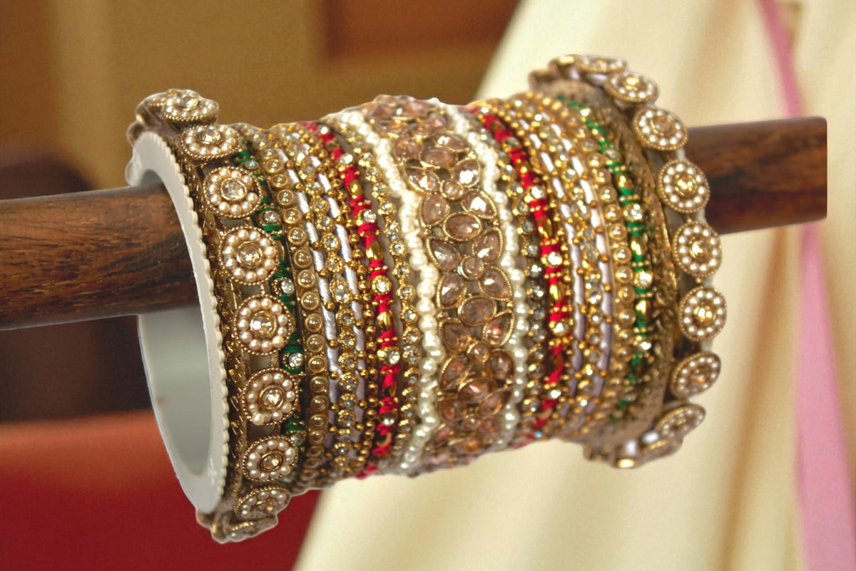 Traditional Red-Green Style Bangle Set for Two Hands By Libasaa