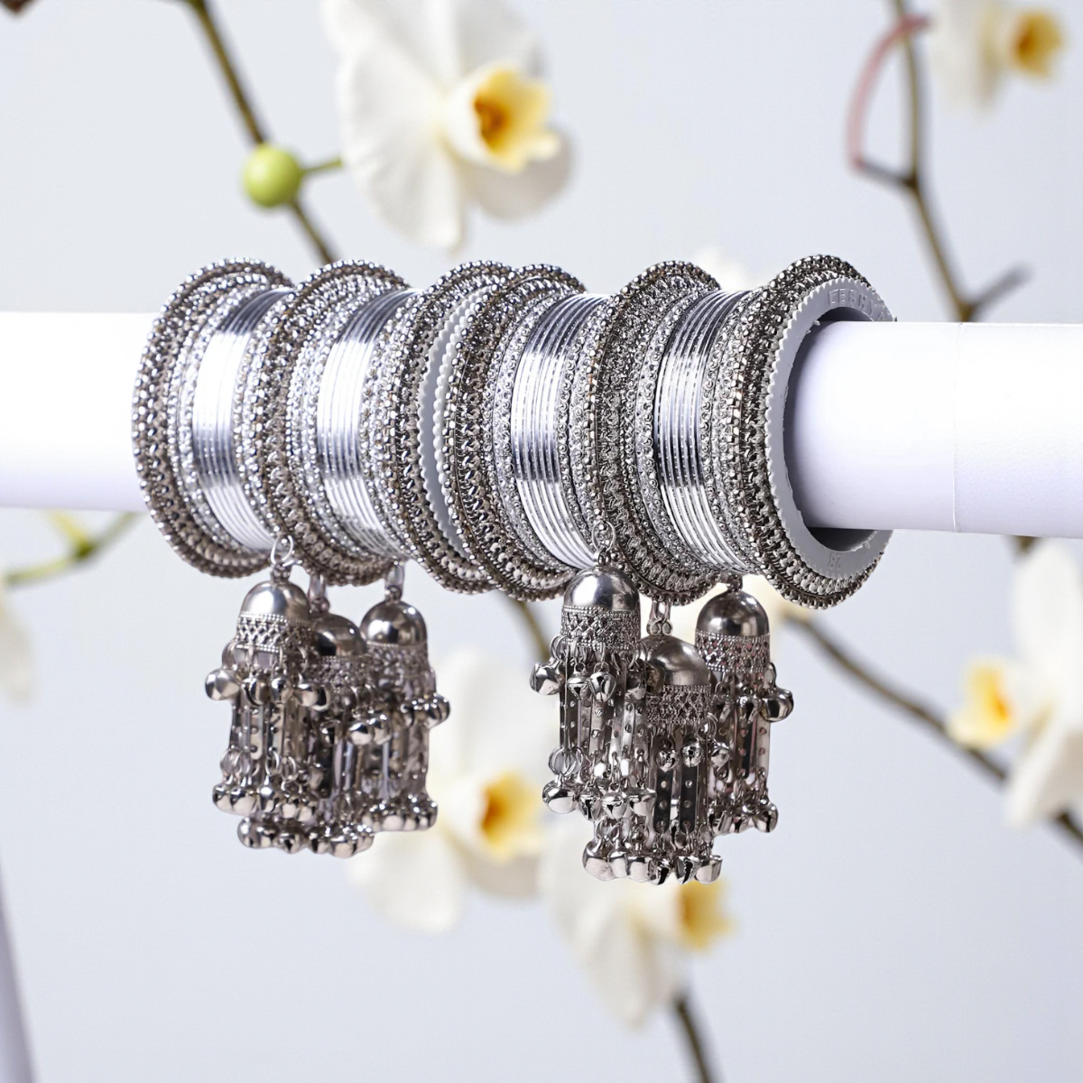 Silver Jhumki Bridal Bangle Set Indian Wedding Bangles, Traditional Bridal Jewelry, Ethnic Bangle Combo for Women - Libasaa.com