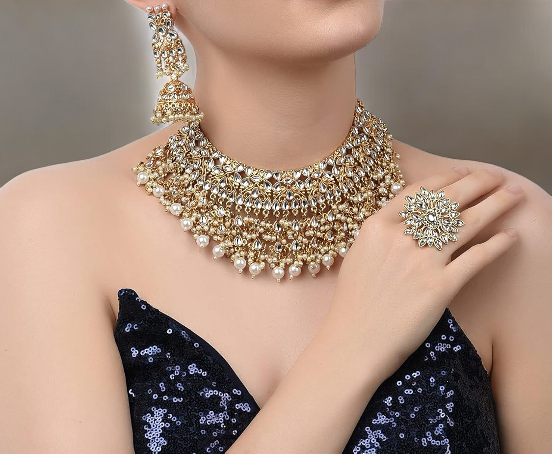 Bollywood Inspired Pearl Kundan Choker Jhumki Ring Maantika Set, Choker Set, Indian Jhumki Set, BridalRing, Indian Bridal Maantika Set, Pakistani Earring Jewelry Set Bridal Wedding full jewellery Set